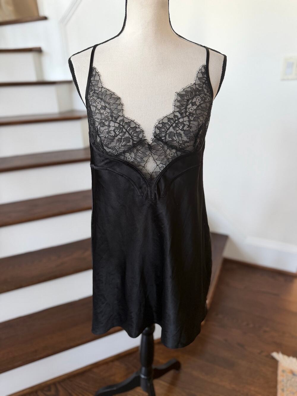 Victoria Secret Black Satin Sheer Lace Open Back Slip Nightie Whimsygoth Witchy